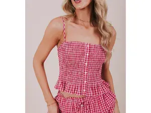 Free Yourself Top - Light Pink & Red Gingham Shirred Bodice Adjustable Spaghetti Straps Button Down Ruffle Hem Square Neckline Cropped Fit