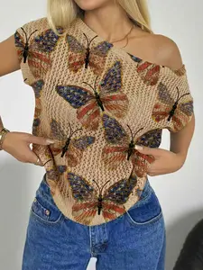 Women's Asymmetrical Neck Batwing Sleeve Knit Top, Summer Vacation Beachwear, Colorblock Butterfly Print, Half Transparent Hollow Out Design, Womenswear