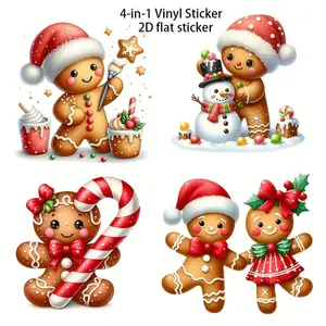 4PCS/SET Large Gingerbread Man Christmas Sticker 8 Inch Holiday Decal, Fits Car/Laptop/Window/Wall, With Frosting Candy Heart Design, Irregular Shape, Semi-Matte, Fits Glass Metal Ceramic, Easy to Stick & Residue-Free, Winter Festive Decor