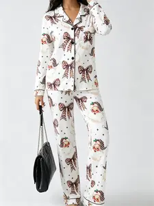Women's Long-Sleeve Loungewear Pajama Set - Santa Claus & Snowman Print - Sweet, Adorable, Year-Round Home Wear