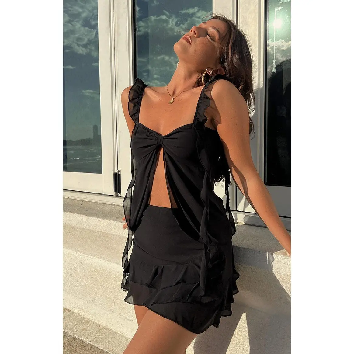 Beginning Boutique Caspian Women's Chiffon Bustier, Matching Going Out Top with Stretchy Frill Straps & Sheer Tiered Hem, Basic, Zipper, Bottom, Clothes, Minimal Stretch, Bustier Cut, Gel Grip On Inner Bust