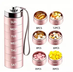 Upgraded Waterproof Metal Travel Pill Organizer Stackable Design 7-Day Vitamin Dispenser Lightweight Portable Aluminum Alloy Material Airtight & Waterproof Laser Engraved Letters BPA Free Healthcare Aid containers