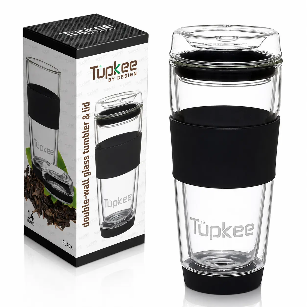 Tupkee Double Wall Glass Tumbler 14oz | Reusable Borosilicate Glass Travel Mug with Lid & Silicone Grip for Coffee & Tea