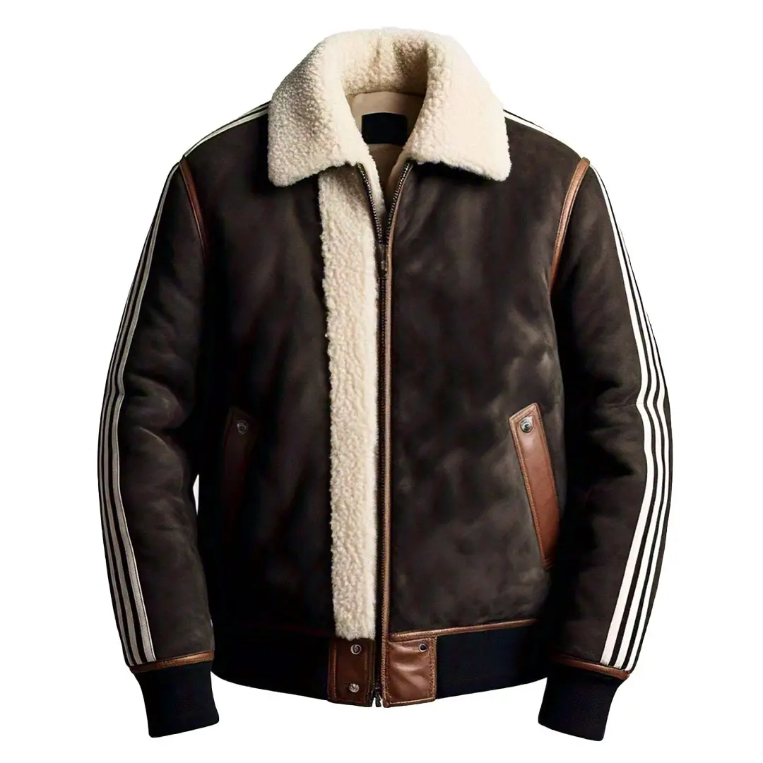 Men’s Brown Shearling-Lined Aviator Jacket with Stripe Detailing