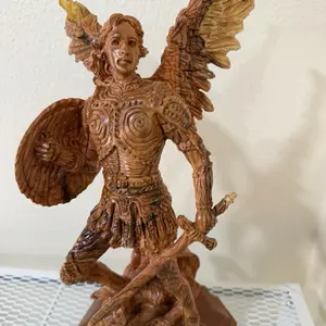 St.Raphael Olive Wood Bethlehem Angel Statue with Winged Design and Shield for Home Decor