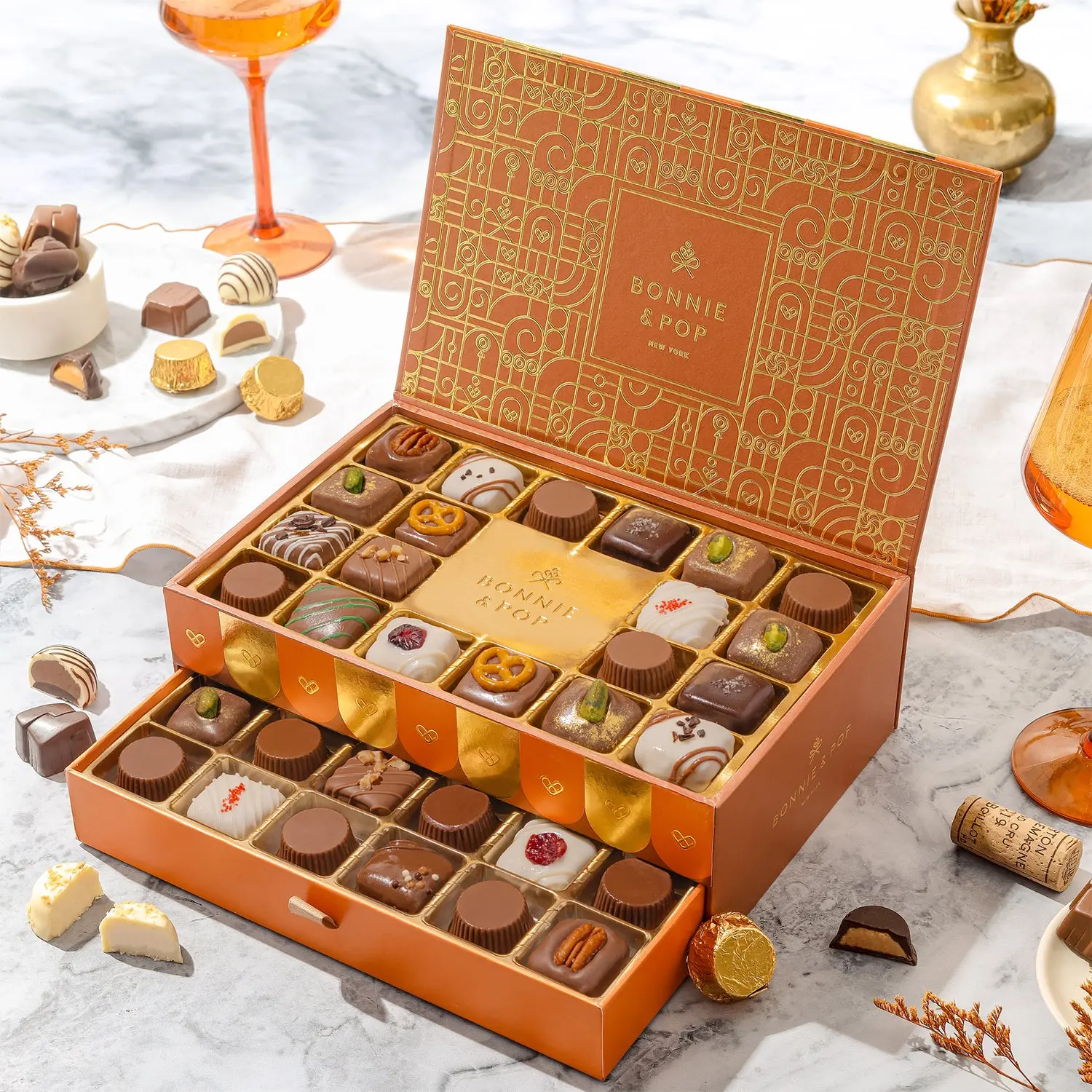 Gourmet Belgian 2-Tier Truffle Gift Box - Premium Chocolate Dessert Snack, Gourmet Chocolate Assortment with Caramel, Amaretto (Medium Chain Triglycerides), Cherry Cheesecake Assorted Flavors