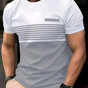 2024 Summer New Fashion Loose Short Sleeve Gray Striped T-Shirt Fashion Brand Men'S Round Neck Short Sleeve Casual Multicolor Patchwork Clothing