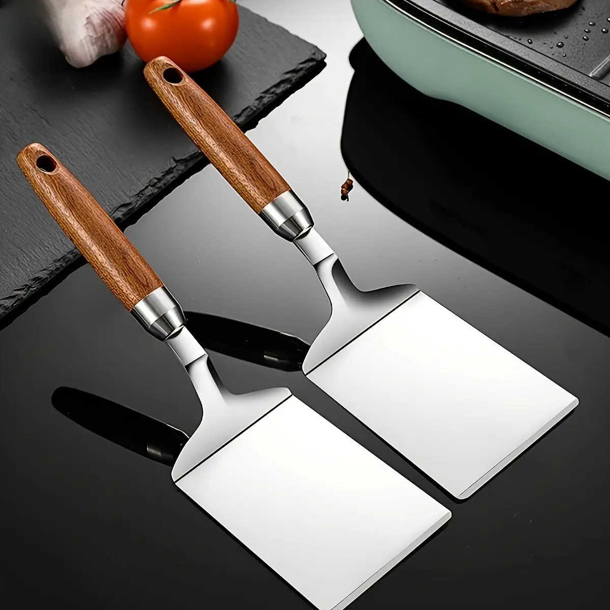 2 Pack Wooden Handle Stainless Steel Cooking Spatulas, Rustproof Durable Outdoor Grill Turner for Griddle Frying Pan Baking Kitchen, Steak Burger Pancake Fish Flipping Tool Holiday Kitchen Accessory