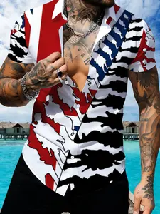 Men's Printed Short Sleeve Shirt, Trendy Collared Top, Indian Pattern, Stage Performance Costume