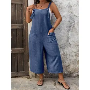 Plus Size Women's Imitation Denim Texture Simple Everyday Comfort Stylish Strap Tie True Pocket Straight Leg Holiday Casual Romper