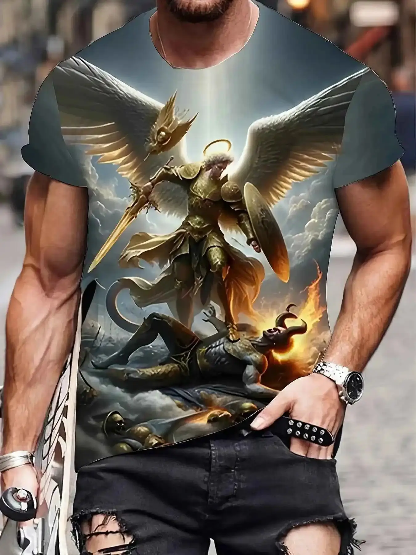 Men's 3D Print Graphic T-Shirt featuring an Angel Warrior with Wings, Sword, and Heart - Short Sleeve Round Neck Menswear, Divine Energy