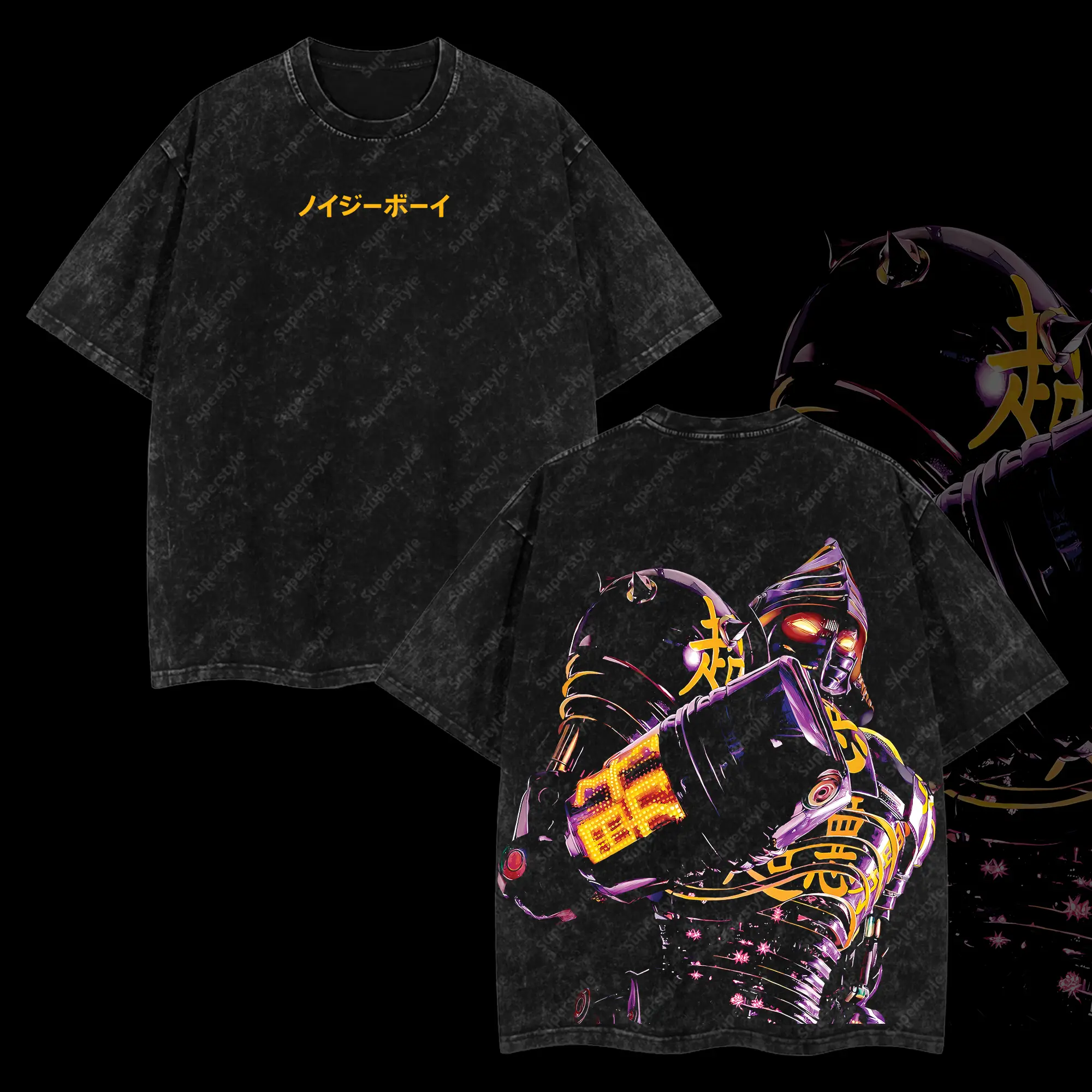 Superstyle Collection Noisy boy - Real Steel Edition Double Printed Oversize Lightweight Acid Washed Tee Hoodie Sweater TV Series Graphic Design Top C