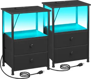 Night Stand Set 2, LED Nightstand with Charging Station, End Tables with Storage Shelf, Bed Side Table with 2 Fabric Drawers for Bedroom, Small Spaces, Black, HETS02BK