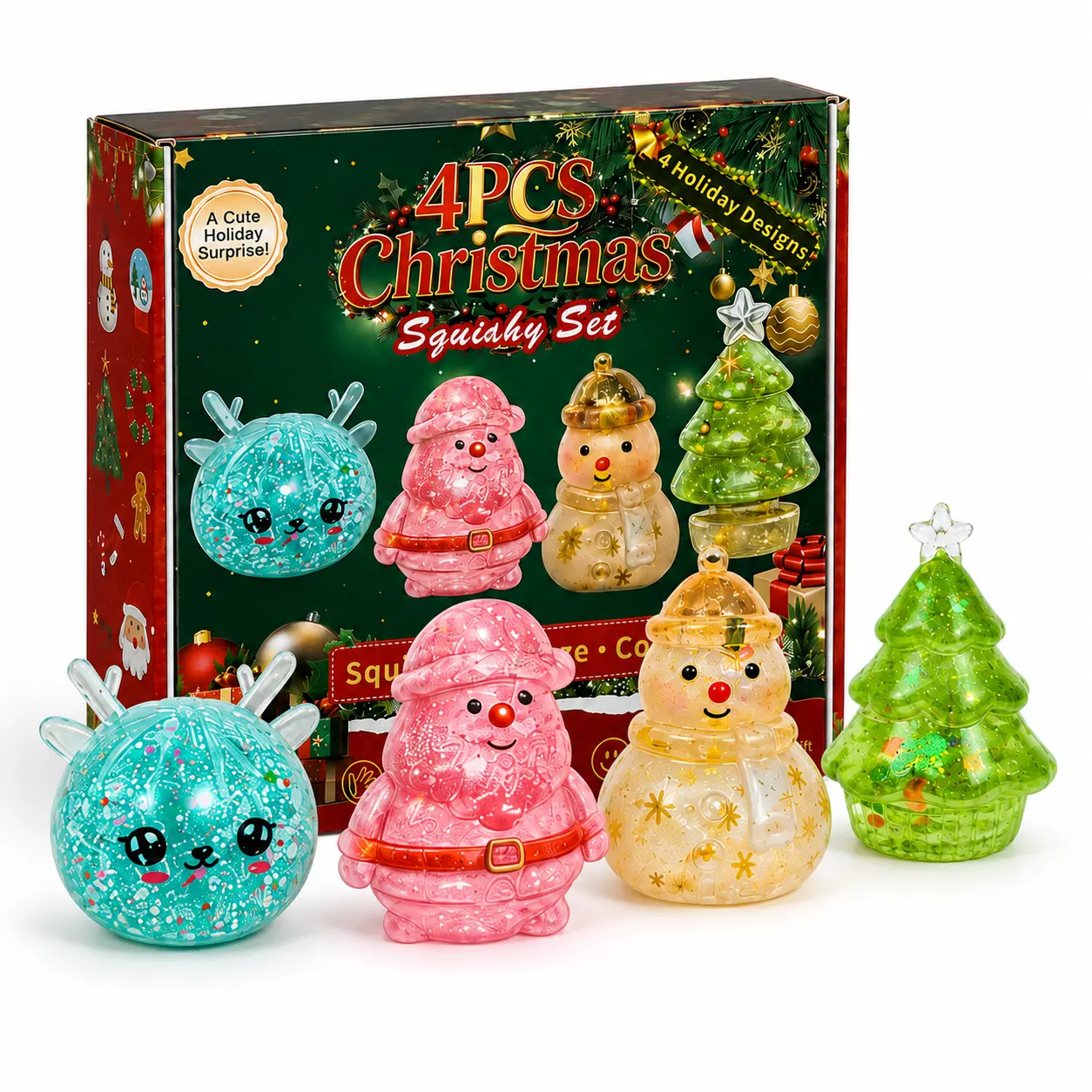 Christmas 4-Pack Squishy Toys, Slow-Rebound Stress Relief Fidget Toys, Soft Sensory Squeeze Toys, 4 Different Holiday Styles, Christmas Gift Set for Kids & Adults