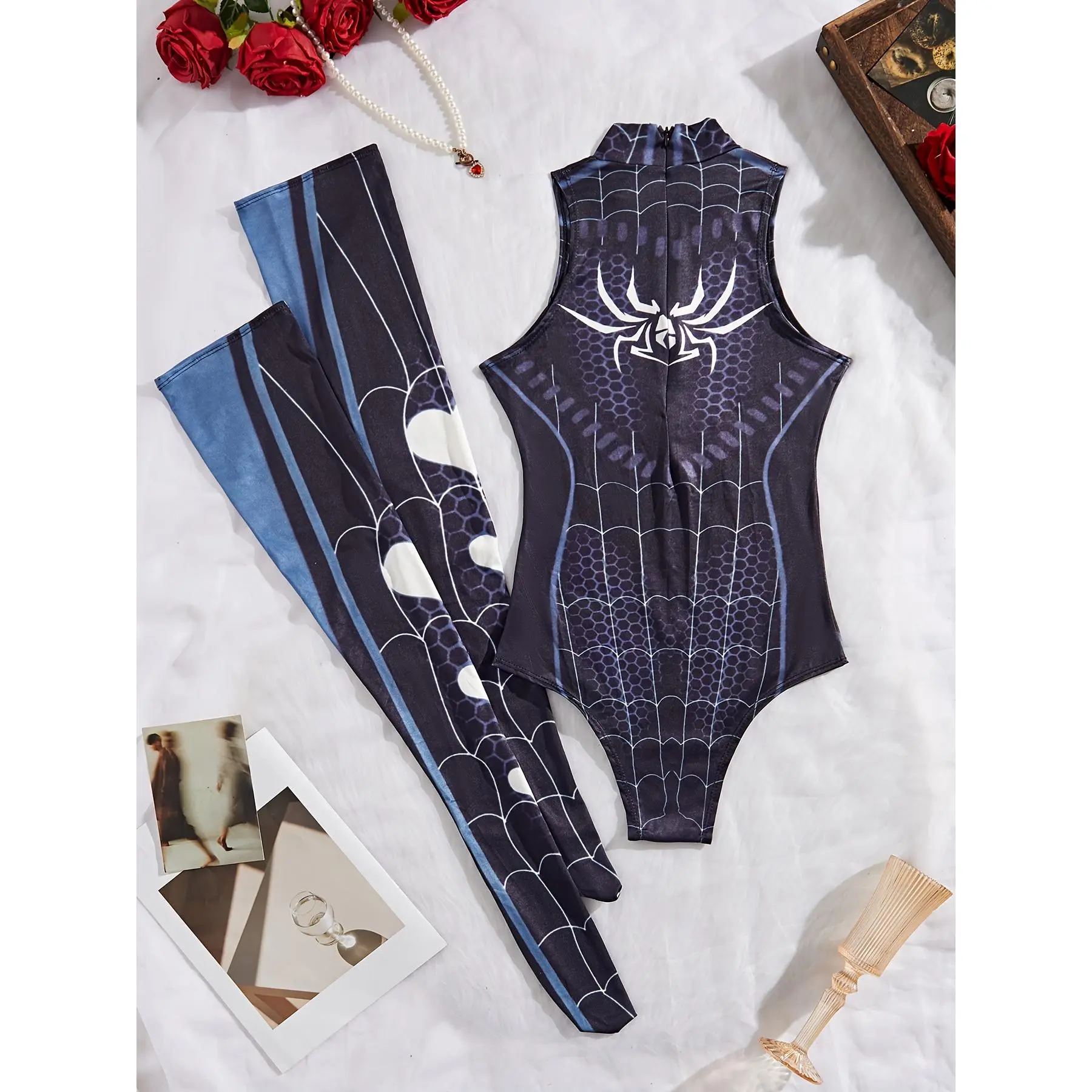 Spider Theme Sexy Cosplay Costume Set Women's Lingerie Bodysuit & Stockings Mesh Corset Top Corset Tube Top Clothes Womenswear