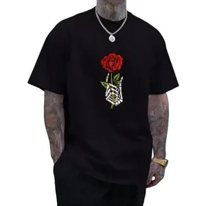 Skeleton Hand Holding Red Rose Men's Oversized Graphic T-Shirt | Vintage Gothic Rock Romantic Devil Horns Streetwear Bootleg Novelty Tee