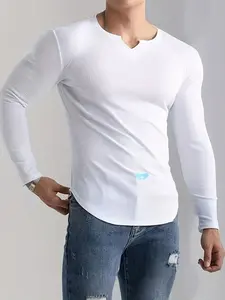 fall outfits，Trendy men's texture long-sleeved T-shirt, small V-neck pit stripe design, comfortable and skin-friendly, a fashionable inner and outer wear item for spring, autumn and winter, Black Friday promotion