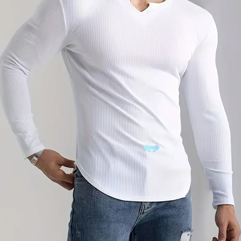 fall outfits, Casual fashion clothing, men's texture long-sleeved T-shirt, small V-neck ribbed pit stripe design, comfortable, skin-friendly and breathable, an inner and outer wear item for spring, autumn and winter, Black Friday promotion, Tops, Menswear