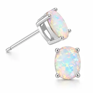 Solid .925 Sterling Silver 7 X 5MM Fire Opal Oval Cut Stud Earrings For Women
