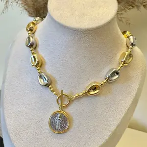 San Benito Bicolor Necklace with Gold & Silver Beads and Coin Charm for Elegant Everyday Wear Unisex Versatile Design
