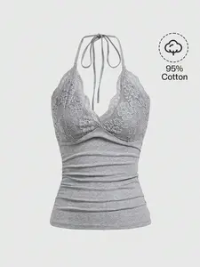 PUNK Contrast Lace Ruched Halter Top Sexy Gothic Party Cami