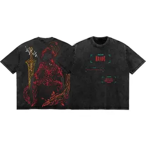 Men's Vintage Washed Solo Leveling Igris Tshirt - Round Neck, Red Flame Armor Anime Graphic, Distressed Loose-Fitting Oversized Shortsleeve, Casual Streetwear Top for Anime Fans