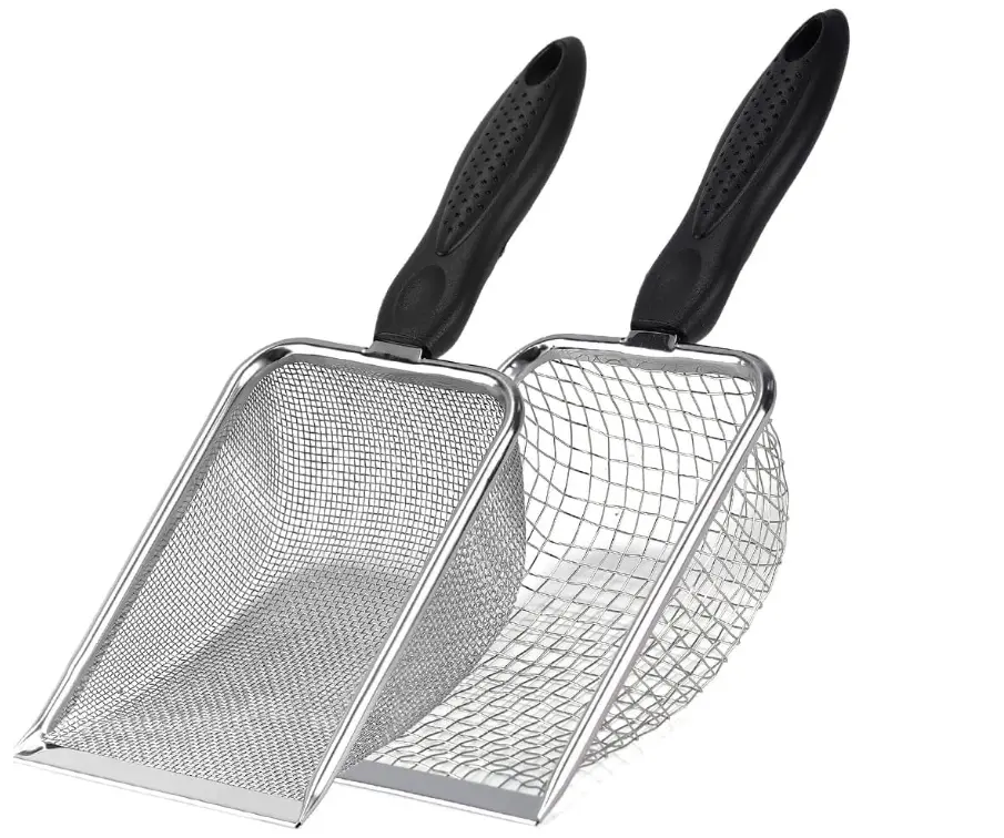 2Pcs Stainless Steel Cat Litter Scoop Set, Dual 2.0mm & 5mm Mesh Sifter with Ergonomic Handle, Easy Clean Waste Shovel for Clumping Non-Clumping Litter, Multi-Pet Sand Scooper for Cat Dog Rabbit Hamster Reptile
