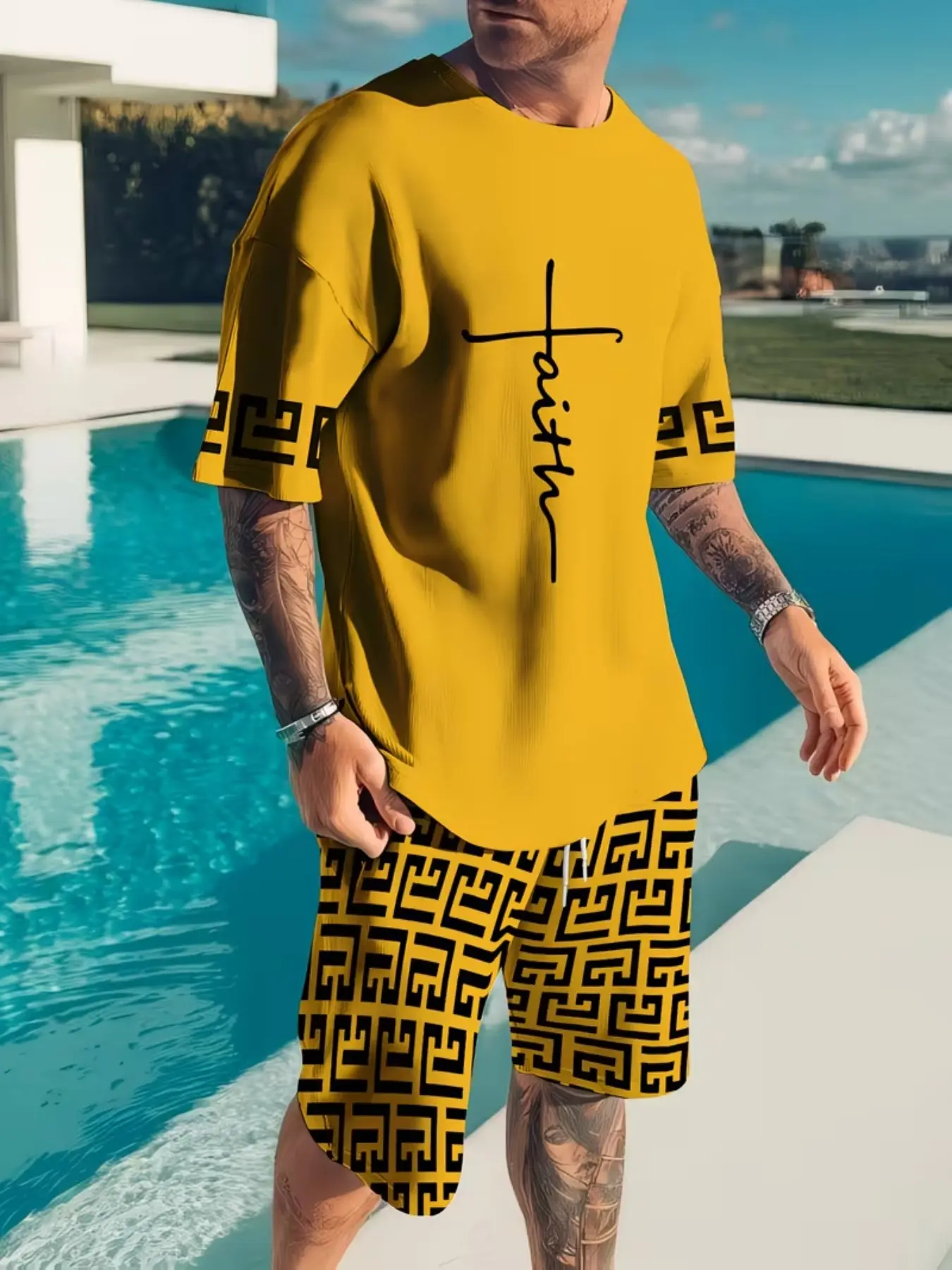 Men's 3D Print Casual Fashion Summer Set Outfit, Breathable Short Sleeve Tee and Shorts, Trendy and Comfortable