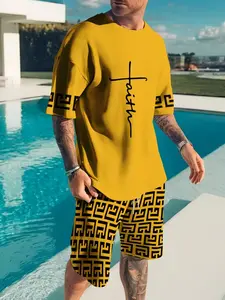 Men's 3D Print Casual Fashion Summer Set Outfit, Breathable Short Sleeve Tee and Shorts, Trendy and Comfortable