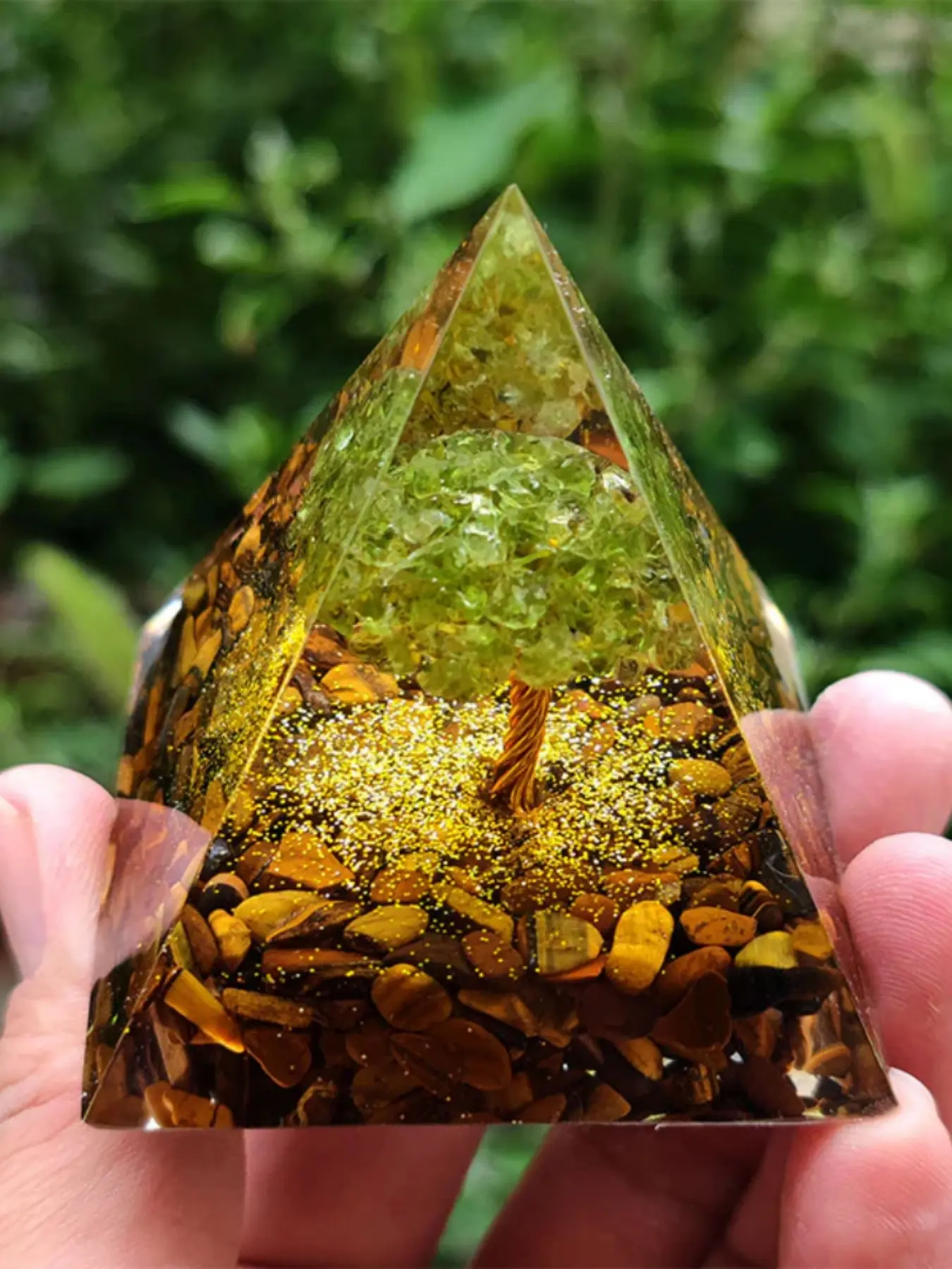 Olive Stone Life Tree Tiger Eye Resin Pyramid Decor, Crystal Ogen Pyramid Ornament, Crystal Ornaments, Unique Home Decoration Accessory, Unique Crystal Design, Tree of Life Motif, Natural Stone Decor, Unique Crystals