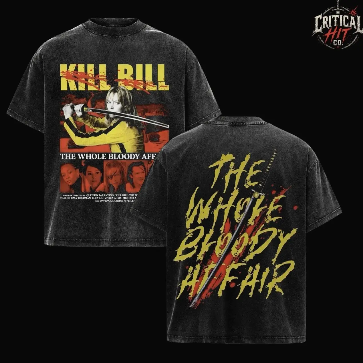 Kill Bill The Whole Bloody Affair Vintage Washed Oversized T-Shirt, Quentin Tarantino Cult Classic Movie Graphic Tee, Retro Samurai Revenge Film Streetwear, Double Sided Uma Thurman Katana Poster Shirt, Y2K Cinema Fan Heavy Cotton Merch Gift AG9