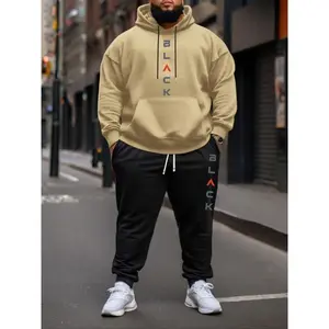 【Plus Size】 Letter Print Sweatshirt & Pocket Sweatpants Set, Streetwear Tracksuit Set, Casual Long Sleeve Hoodie & Jogger Pants, Plus Size Sports Clothing for Men