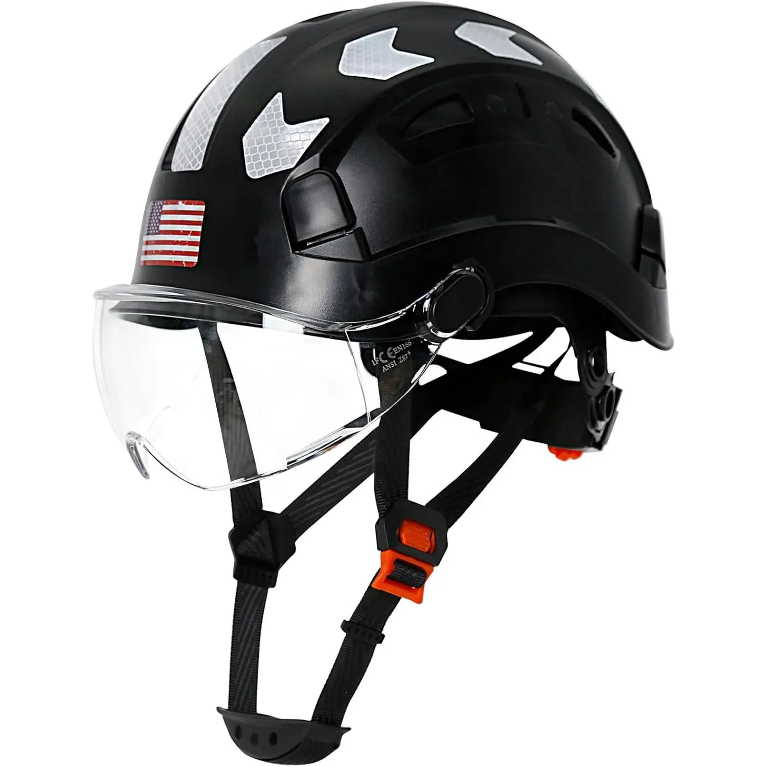 Industrial Construction Safety Hard Hat with Flip-Up Visor, Lightweight Vented ABS Plastic, 6-Point Suspension, Reflectors, Adjustable Chinstrap Buckle for Outdoor Jobsites, Vent