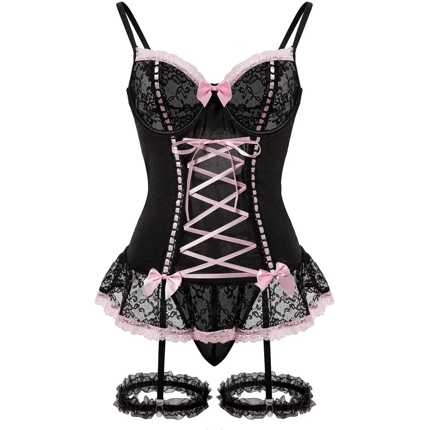 Women's 3-Piece Rave Lingerie Set - Mesh Lingerie Bustier, Underwire Shape Corset/Shapewear, Belted Sheer Garter Belt, High Waist Babydoll With Thong, Valentine's Day Glam