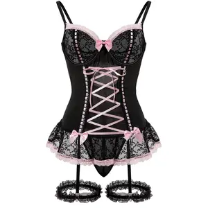 Sexy Rave Mesh Corset Ruffle Lace Up Underwire Sheer Garter Belt Babydoll Lingerie Set With Thong 3 Piece Women