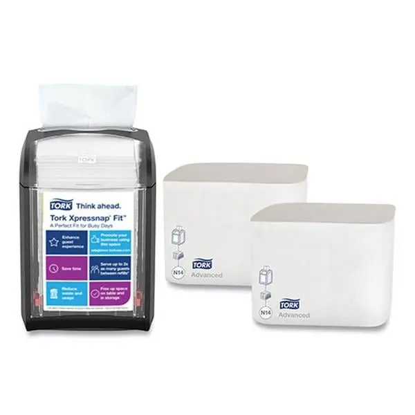 Tork TRK800723 Xpressnap Fit Napkins Starter Pack, 4x6x7 in Black Restaurant-Style Tissues, Space-Saving Display for Independent Restaurants with Napkin Dispensers, Reduces Material Costs