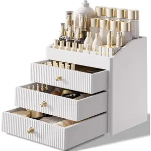 Vanity Organizers,Luxury Skincare Organizer with 3 Tier Drawers,Beige White Large Capacity  Organizer Countertop for Makeup Brush,Dresser,Bedroom,Bathroom,Mom Gifts,Mom Birthday Gifts