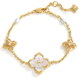 14K Gold Plated Clover Bracelets for Women, Double-Sided Lucky Pendant Pearl Beaded Link Chain, Waterproof Dainty Jewelry Gifts for Ladies