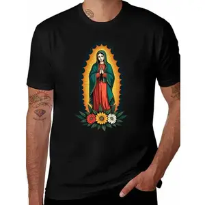 YD.S Print Cotton T-Shirt Men's Plus Size Black Religious T-Shirt - Our Lady of Guadalupe Prayer Shirt with Virgin Mary Portrait, Heavy devotion design for Catholic Faith Apparel - Machine Washable Casual Tee, Spiritual Clothing, Festive Graphic Shirt, Co