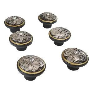Set Of 6 Western Rustic Silver Floral Scroll With Gold Trim Cabinet Door Knobs