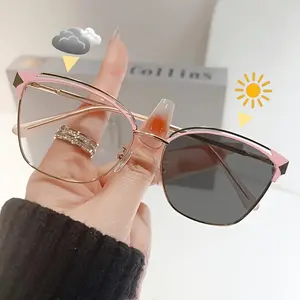Cat Eye Photochromic Glasses for Women, Metal Frame, TAC Lenses, Hiking Eyewear with Flexible Hinges, Decorative Fashion