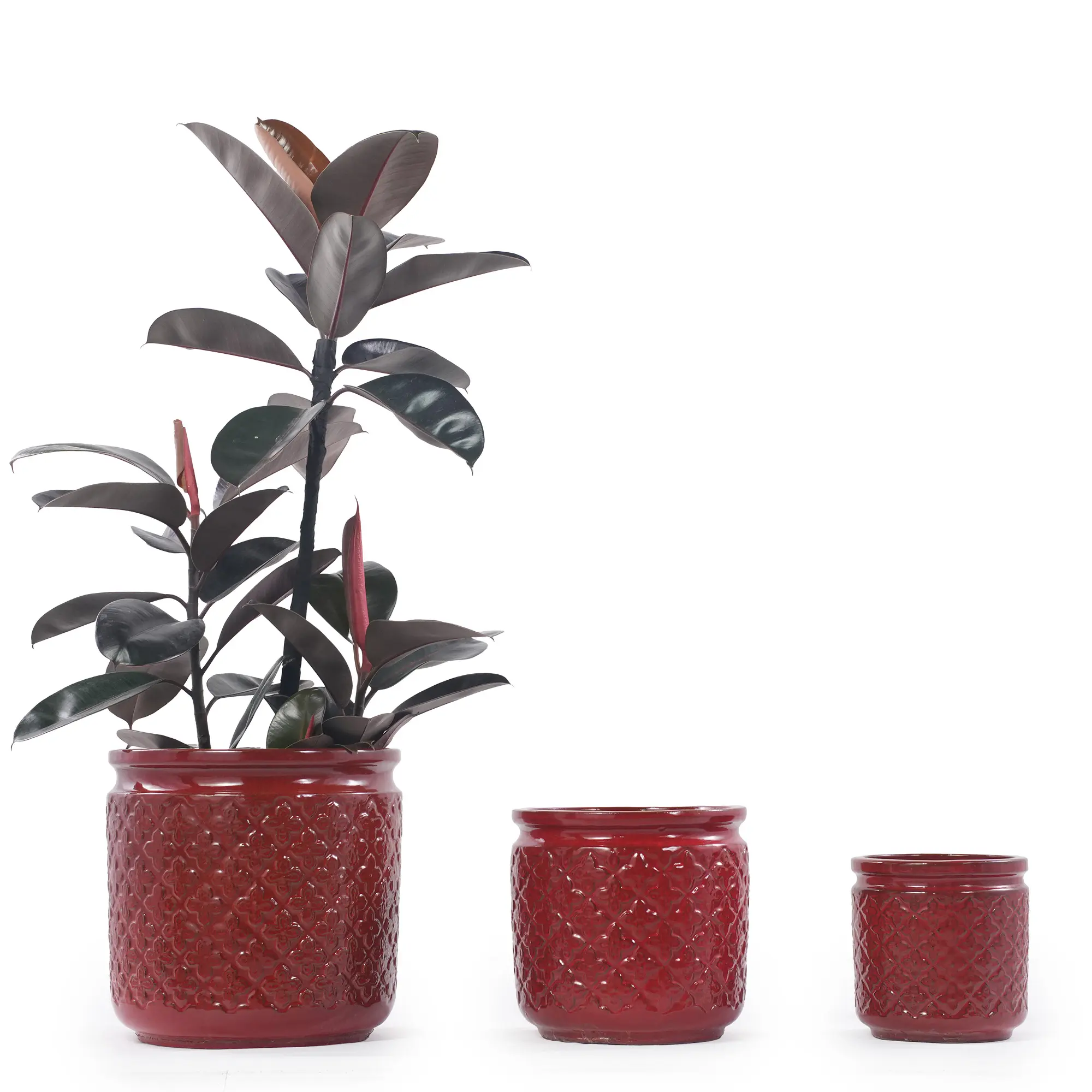 Breathable Ceramic Planter Set, 3 Graduated Sizes, Burgundy Diamond Pattern, Handmade Clay Pots for Orchids & Indoor Plants, Windowsill Decor