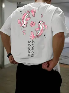 Unisex Sakura Koi Back Print Short Sleeve T-Shirt, Japanese Style Casual Loose Fit Top, Summer Couple Fashion Clothing