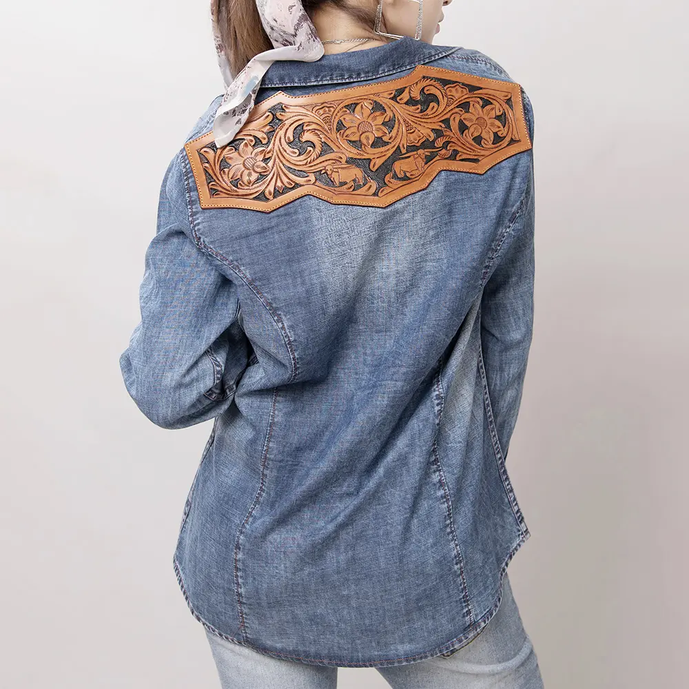 American Darling Genuine leather Hand tooled carved Women 100% cotton Denim Blazer dress jacket ladies | Vintage