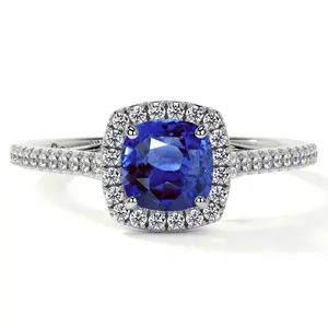 Classic Square Cushion Blue Sapphire Halo Ring with Pave Set Diamonds (1.01cttw)- RBS015-5X5-AAA