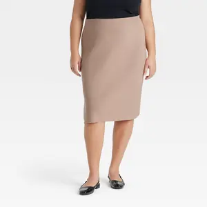 Women's Midi Sweater Pencil Skirt - Ava & Viv Brown XXL: Adjustable Waistband, Elastic Closure