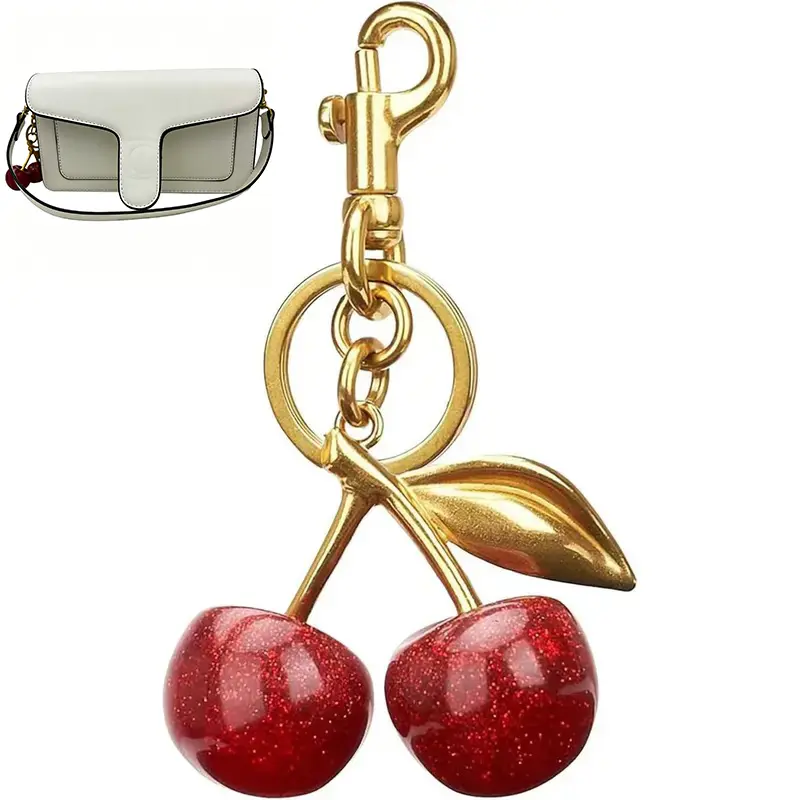 2-Piece Set (includes shoulder bag)  Cute 3D Red Cherry Purse Charm, Gold Tone Key Ring Pendant for Handbag Backpack Car Keys, Fruit Bag Accessories for Women Girl