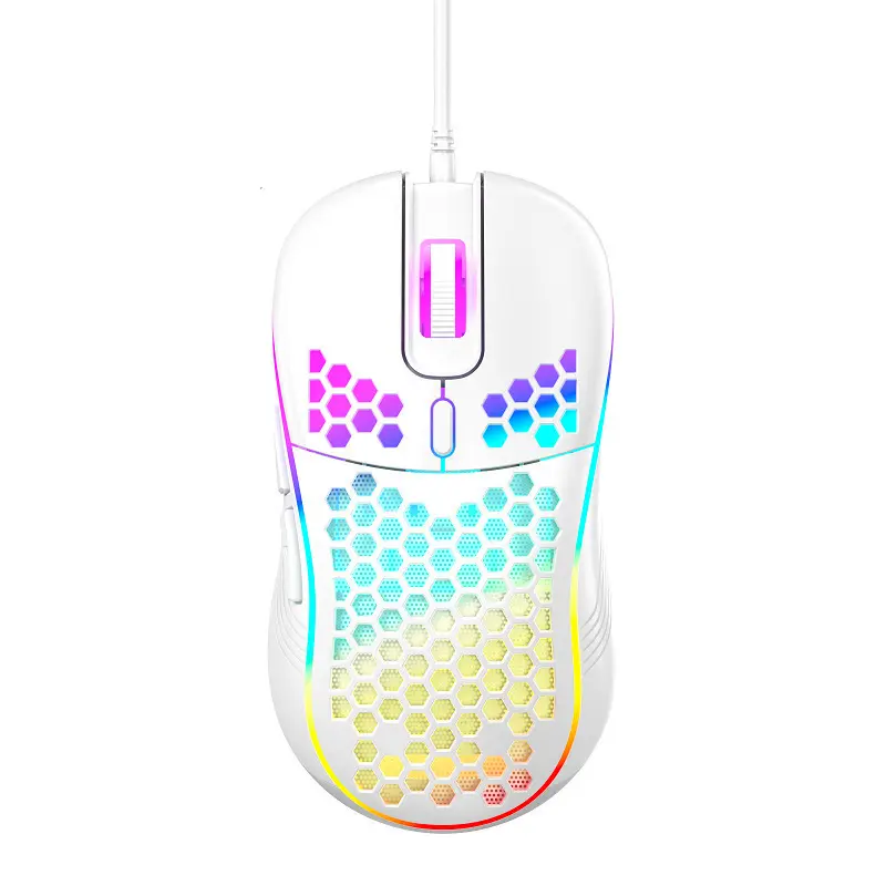 White Honeycomb Wired Gaming Mouse – Adjustable High-DPI (7200) RGB Optical Mouse, 20g Ultra-Lightweight, Ergonomic Breathable Hollow Shell, 6 Buttons, Color-Changing Lights, Ambidextrous Design, 1.5m Cable; Compatible with PC, Laptop, and Mac.