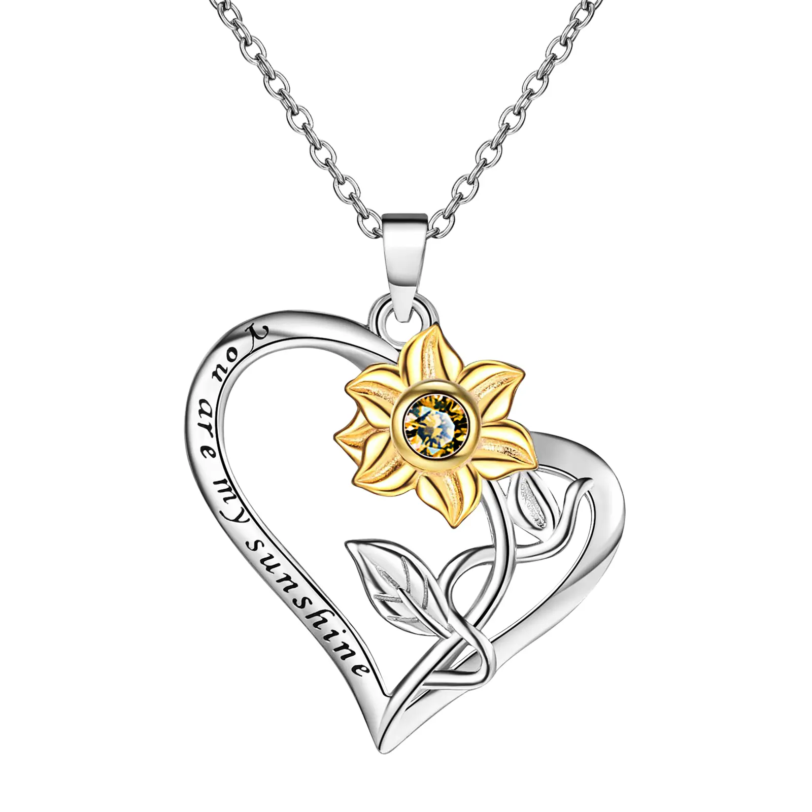 OIDEA You Are My Sunshine Sunflower Heart Pendant Necklace for Women - K Gold Tone Cubic Zirconia Gift Jewelry