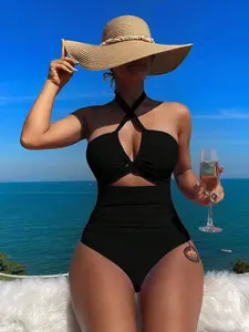 Sexy Halter Cut-Out One-Piece Swimsuit for Women – Crisscross Front and Ruched Waist Design in Classic Black – Perfect for Curvy Bodies and Summer Beach Confidence